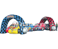 Kiddy Grand Prix car racing themed inflatable crawl through tunnel on white background. 