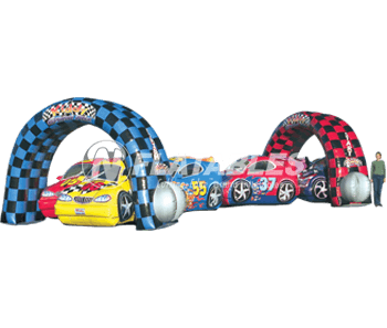 Kiddy Grand Prix car racing themed inflatable crawl through tunnel on white background. 