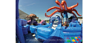 Inside fisheye view of the Ocean World inflatable playground with bounce area, climbing lane, and sea creature characters. 