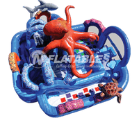 Overhead view of the Ocean World inflatable combo on white background. 