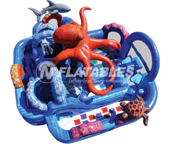 Overhead view of the Ocean World inflatable combo on white background. 