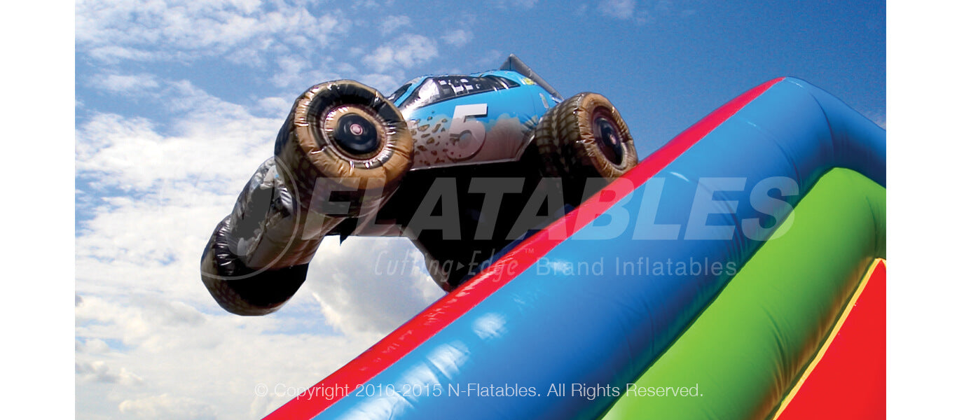 closeup of the inflatable race car on the Off-Road Slide Combo™ commercial grade playground