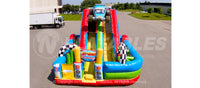 Off-Road Slide Combo™ front view showing commercial grade inflatable climbing lane, slide, and obstacles.