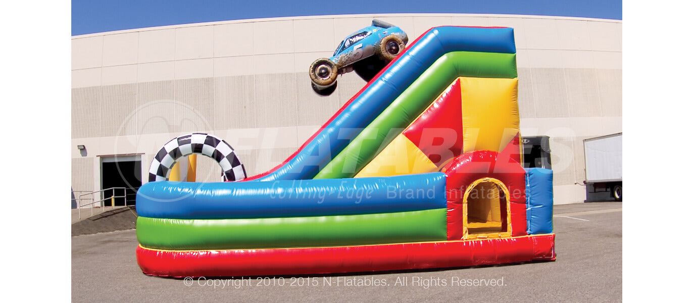 Side view of the Off-Road Slide Combo™ car themed playground with speeding inflatable racecar 
