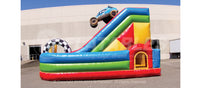 Side view of the Off-Road Slide Combo™ car themed playground with speeding inflatable racecar 