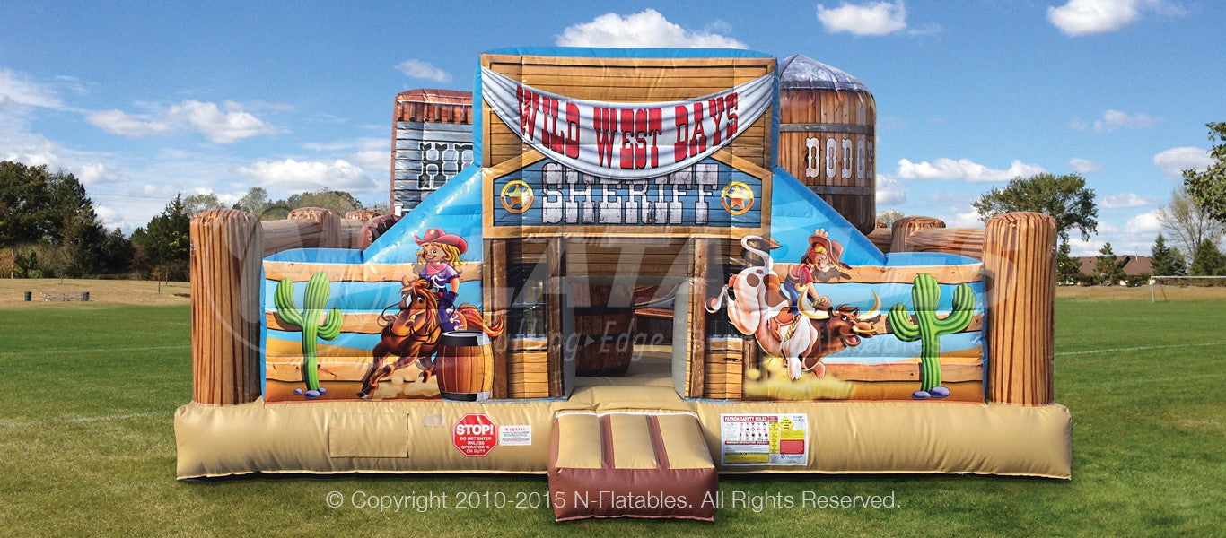 Front view of the Old West Playland™ inflatable toddler play area with western themed design