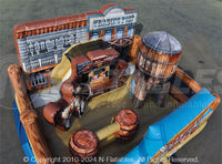 Overhead view of the inside of the Old West Playland™ inflatable play area with stagecoach themed slide, and bounce house. 