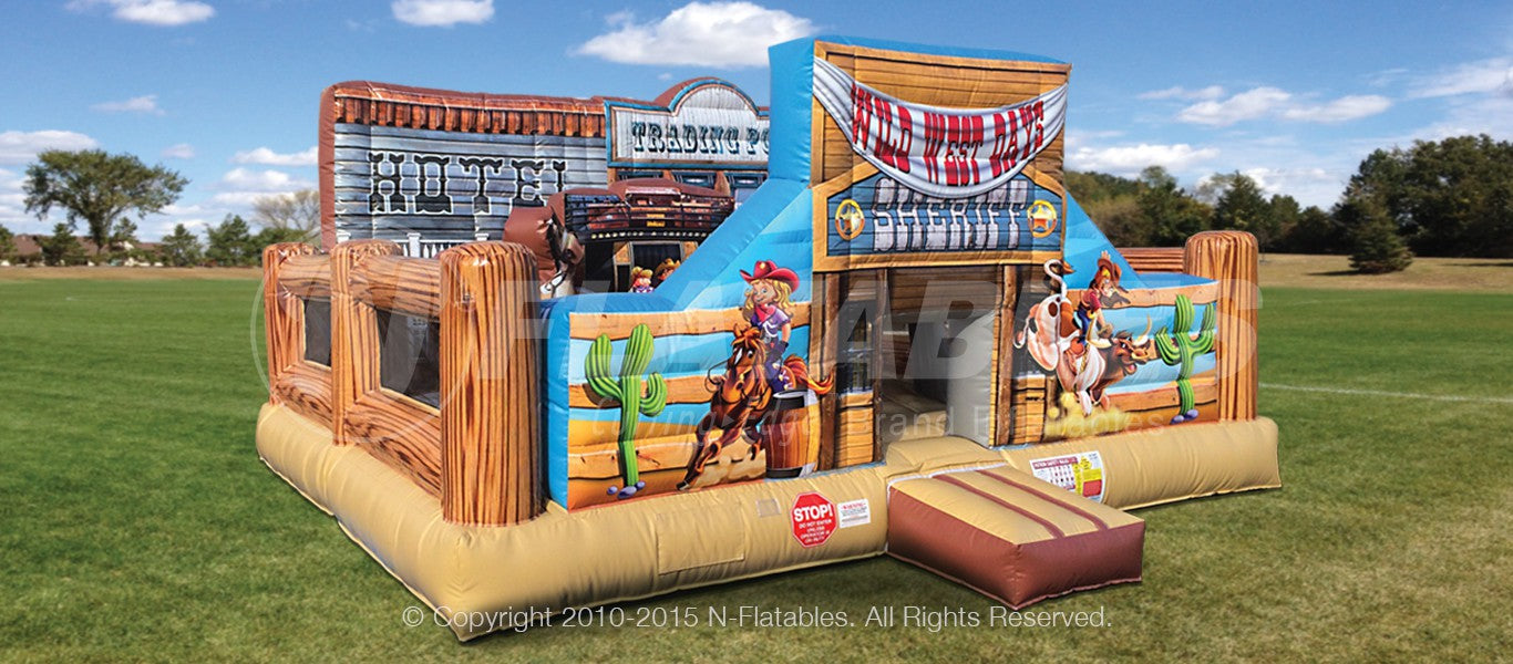 Quarter view of the Old West Playland™ set up in a park