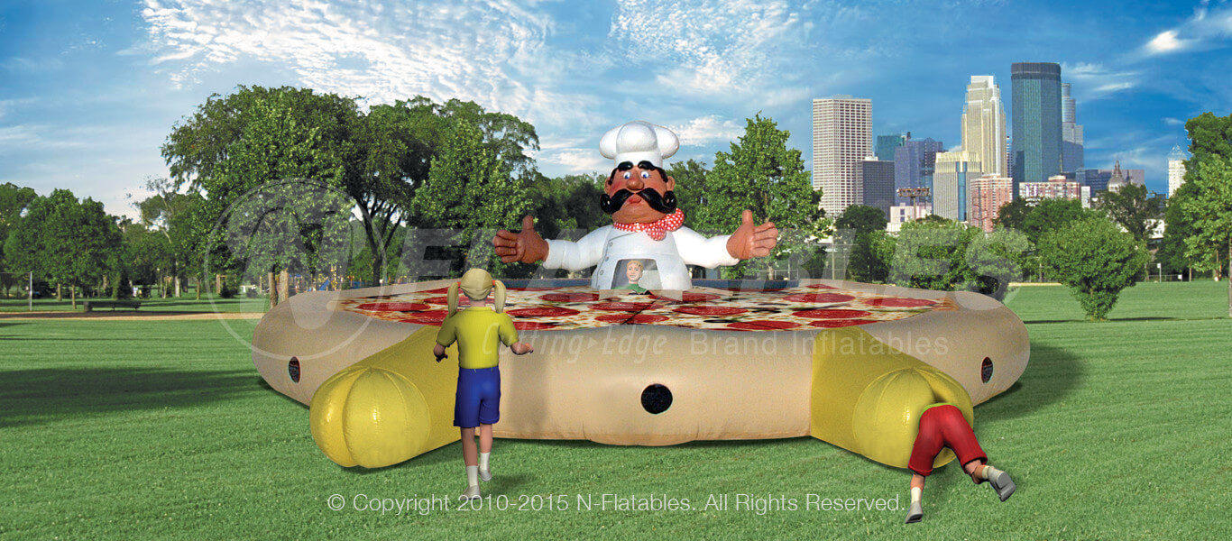 Inflatable pizza themed maze in a park. 