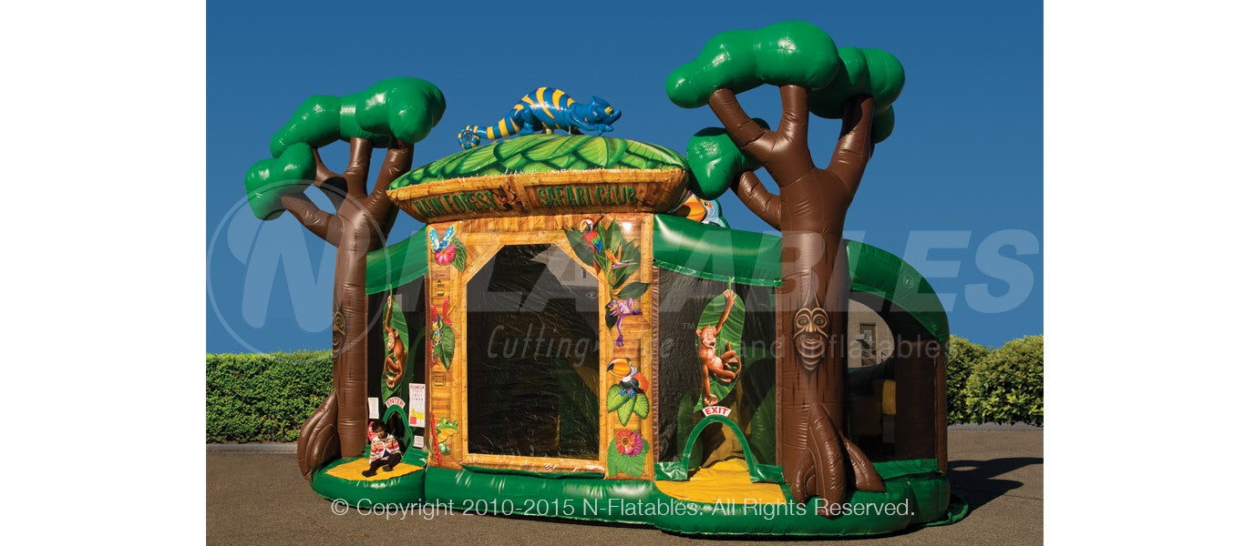 Quarter view of the Rainforest Fun Center™ inflatable playground decorated in a jungle theme