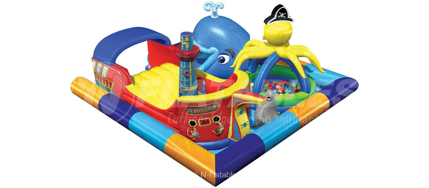 3D rendering of the Sea Park showing the inflatable pirate ship climb, slide, and bouncer. 