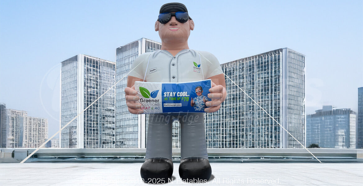 giant custom  inflatable company mascot character standing on a rooftop. 