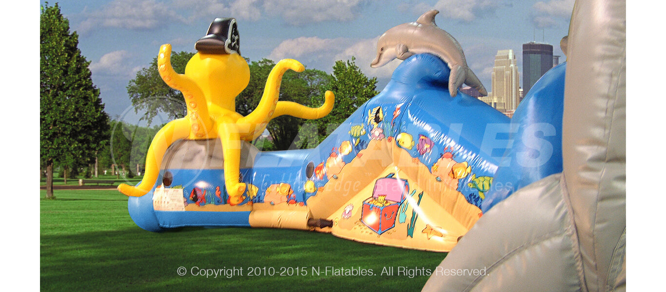 Back view of the Under the Sea inflatable crawl through for kids with dolphin and octopus characters. 