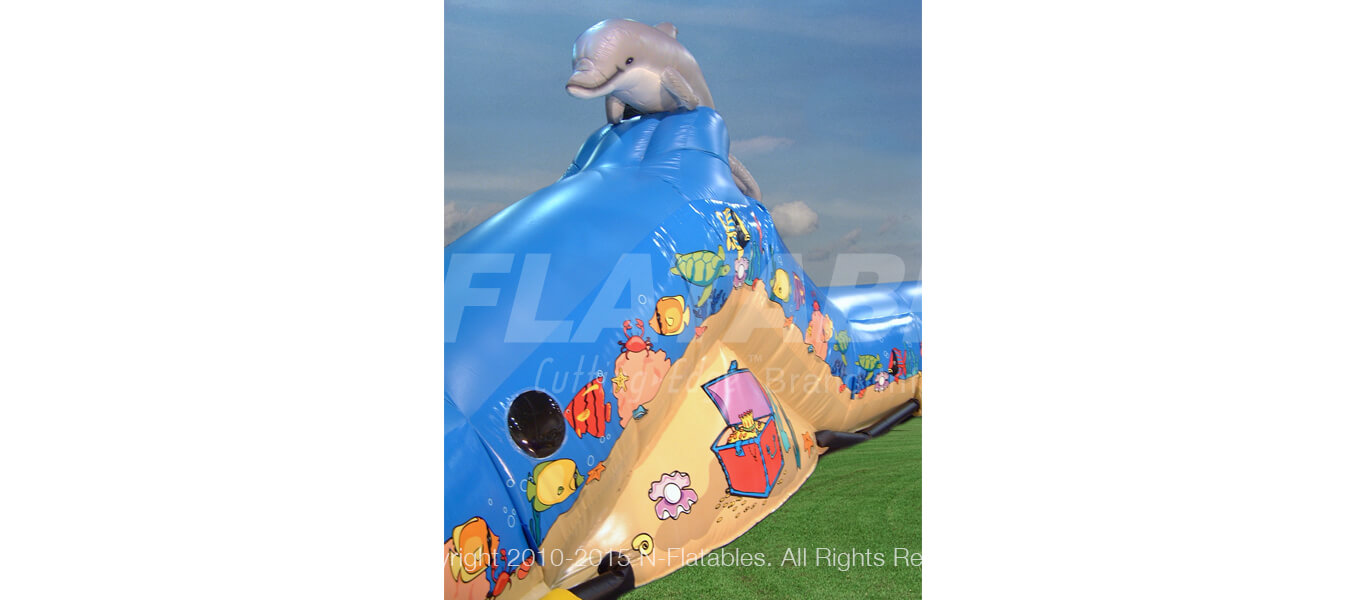 Dolphin character on the inflatable Under the Sea crawl through playland. 