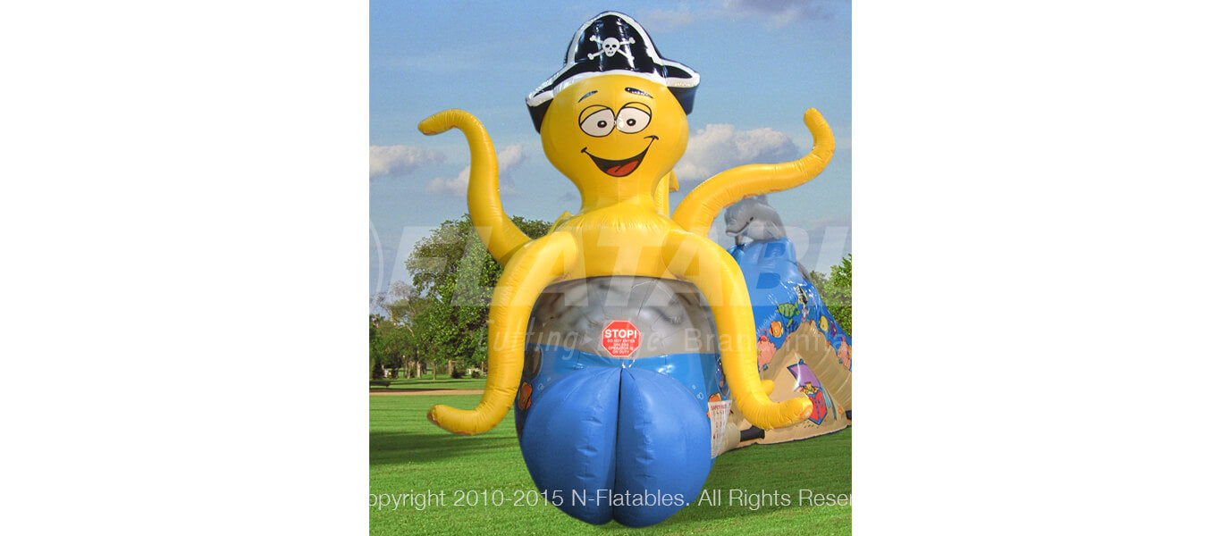 Front view of the friendly pirate octopus inflatable on Under the Sea crawl through. 