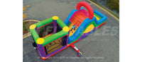 Aerial view of the Wacky 3-in-1 Combo™ commercial grade inflatable showing the bounce house, climbing lane, and slide. 