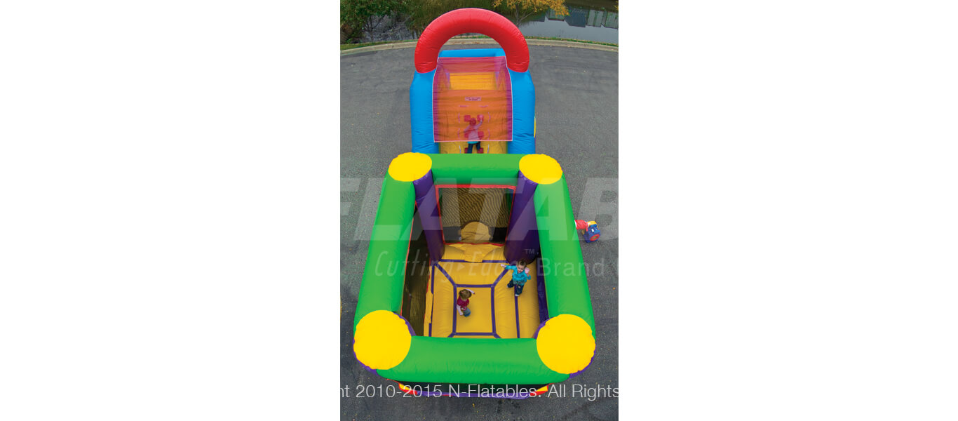 An aerial view of the Wacky 3-in-1 Combo™ commercial inflatable showing the bouncing area and climbing lane. 