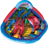 Aerial view of the Wacky Fun Center™ commercial inflatable combo on a white background. 