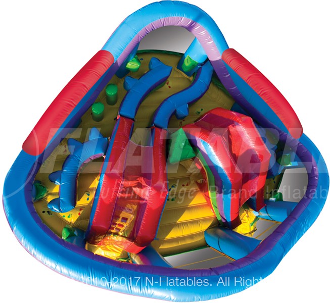 Aerial view of the Wacky Fun Center™ commercial inflatable combo on a white background. 