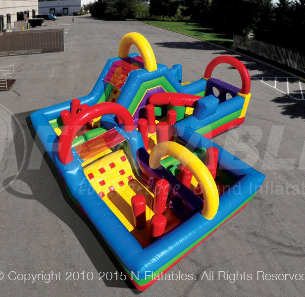 Overhead view of the Wacky Kiddie Korner™ showing the variety of obstacles and a slide. 