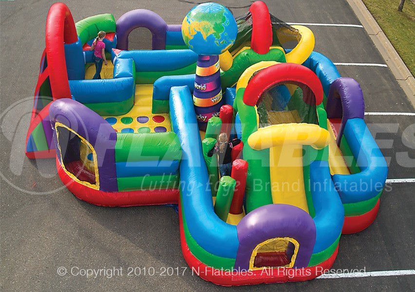 Overhead views of the obstacles and slide lane in the Wacky World inflatable combo. 