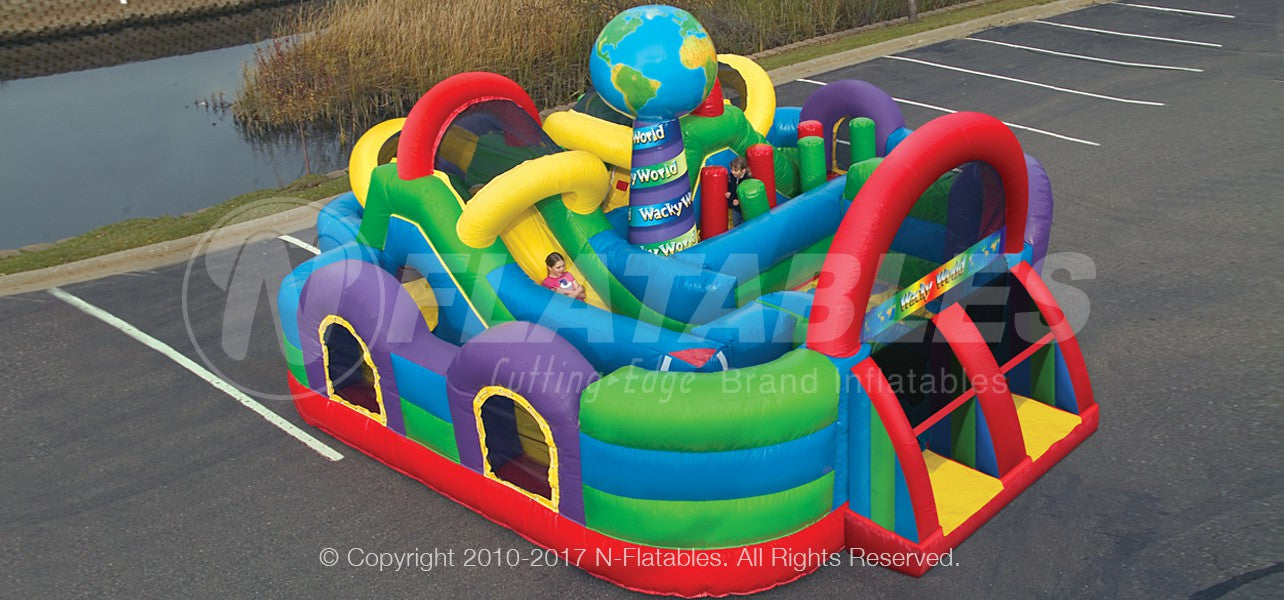 Overhead view of Wacky World inflatable combo with bounce house, slide, and obstacles. 