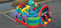Overhead view of Wacky World inflatable combo with bounce house, slide, and obstacles. 