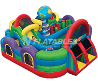 Wacky World™ inflatable playground on white background. 