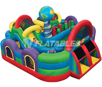 Wacky World™ inflatable playground on white background. 