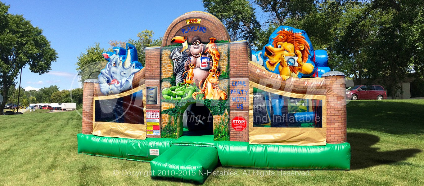 A front view of the Zoo Playland™ commercial grade animal themed inflatable playground. 