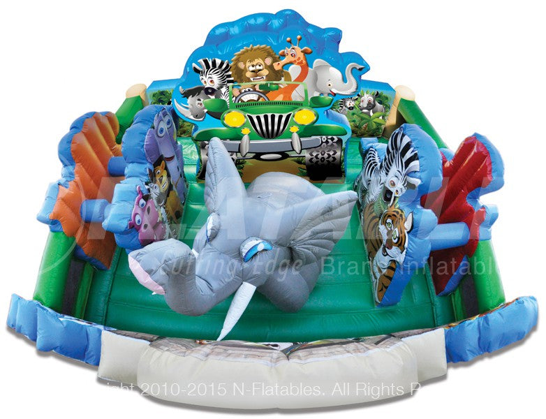 Zoo Playland™ commercial-grade inflatable zoo themed playground on a white background, showing the aerial view  of the inside. 